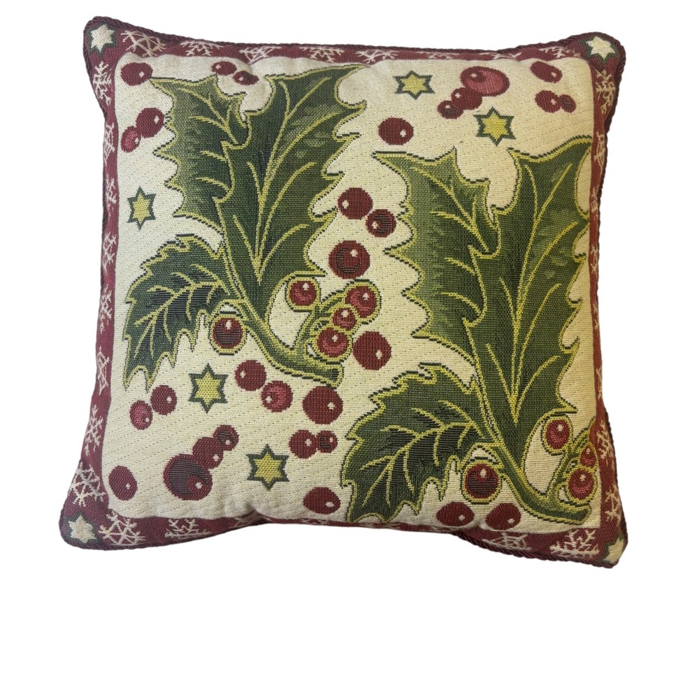 Capisserie Tapestry Christmas Holly Berry Woven Cotton Accent Pillow 12x12 USA‎